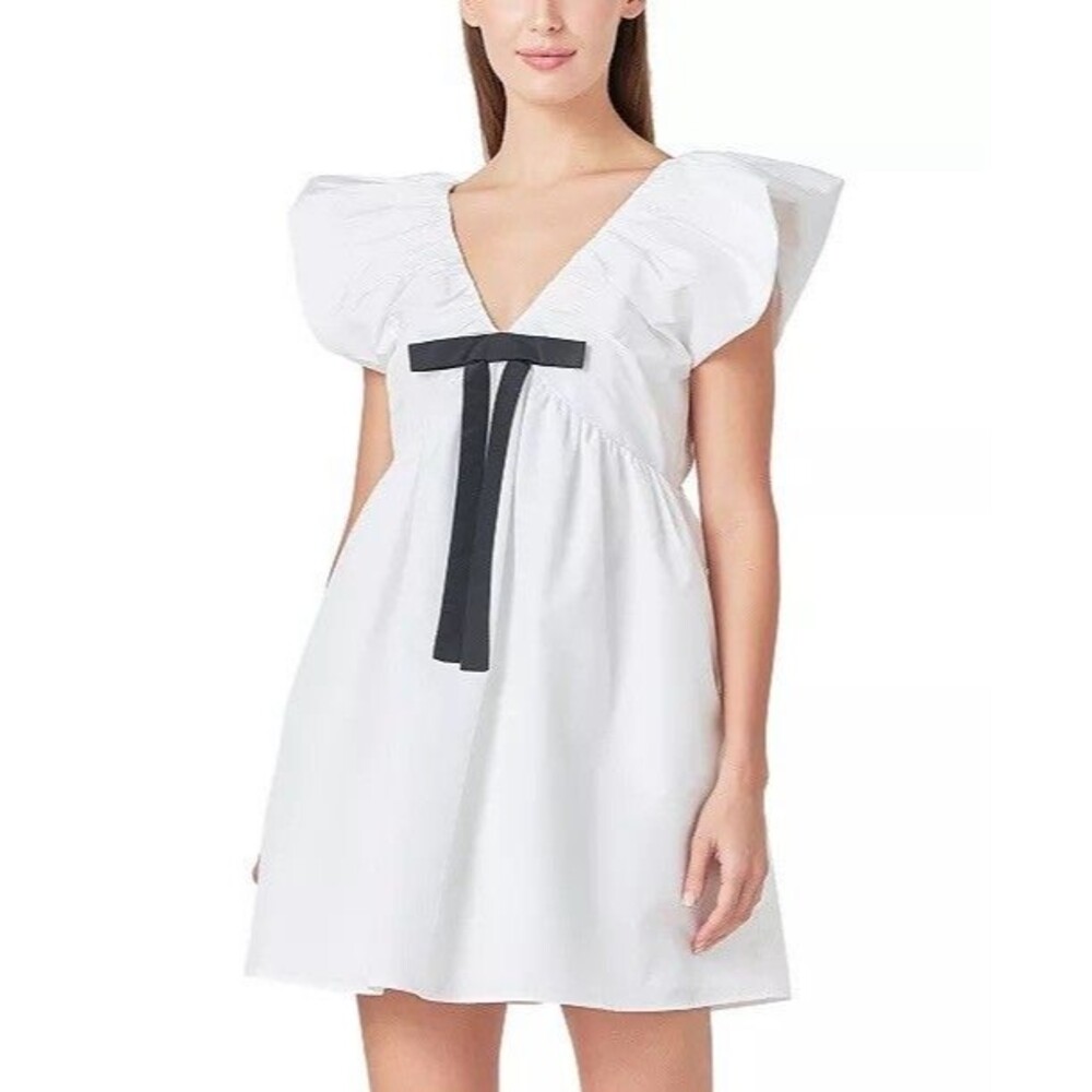 ANTHROPOLOGIE ENDLESS ROSE Women's SMALL New Mini Dress White Flutter Sleeve Bow